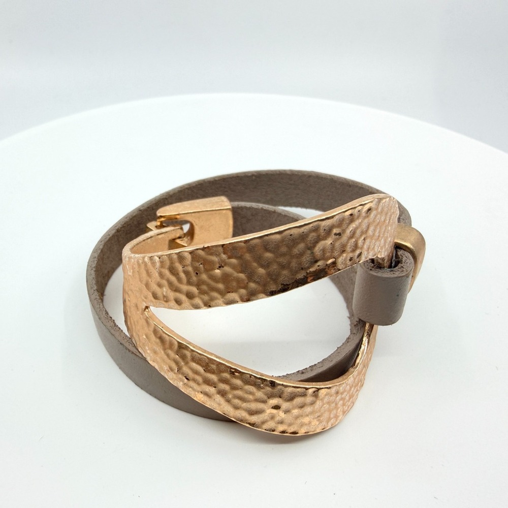 Vintage Hammered Rose Gold Double Wrap Grey Leather Bracelet